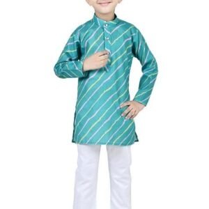 Green Printed Cotton Blend Kurta Set For Boys