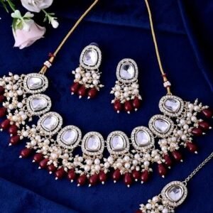 Gold Kundan Stone And Maroon Beaded Studded Plated Necklace Set