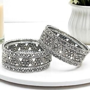 Set Of 6 Silver Oxidised Floral Bangle Set