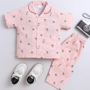 Peach Printed Cotton Shirt Pant Set For Boys