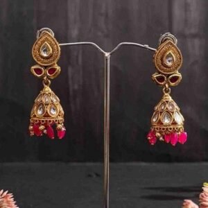 Gold Plated Artificial Stones Studded And Beaded Contemporary Shaped Jhumkas