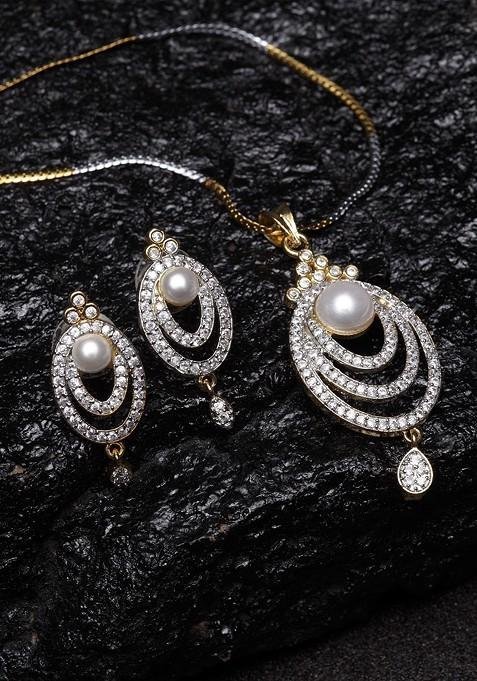 Gold Plated Silver Toned Cz Stone Studded Handcrafted Copper Jewellery Set