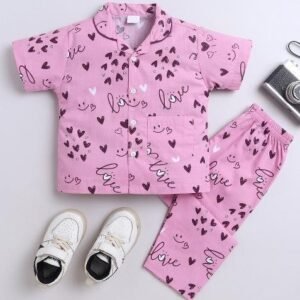 Pink Printed Cotton Shirt Pant Set For Boys