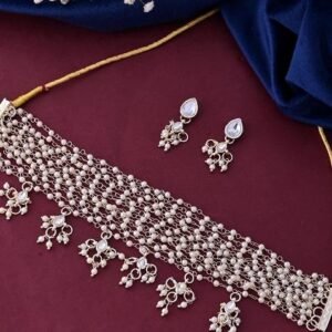 Gold Plated Layered Pearl Choker With Earrings Set