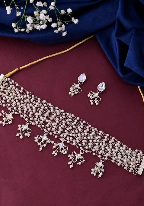 Gold Plated Layered Pearl Choker With Earrings Set