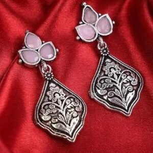 Light Pink Plant Design Oxidised Earrings For Girls