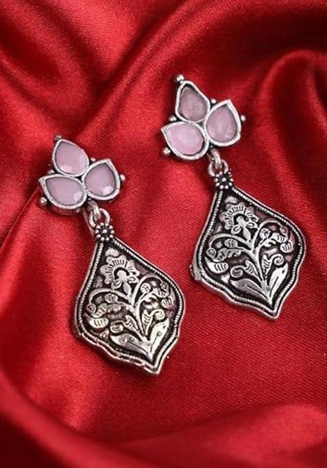 Light Pink Plant Design Oxidised Earrings For Girls