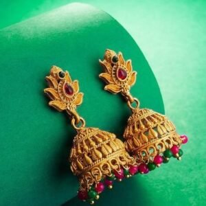 Gold Plated Stone Studded And Beaded Dome Shaped Jhumkas
