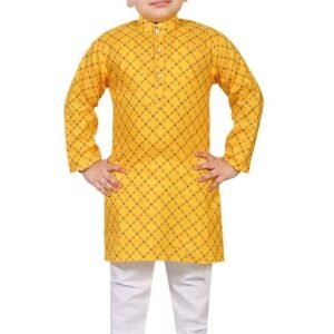 Yellow Printed Cotton Blend Kurta Set For Boys