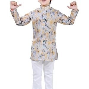 Yellow Printed Cotton Blend Kurta Set For Boys