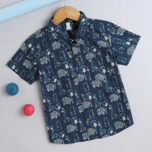 Blue Printed Cotton Shirt For Boys
