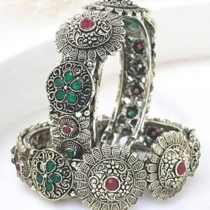 Set Of 2 Silver Oxidised Stone Studded Cuff Bracelet Bangles