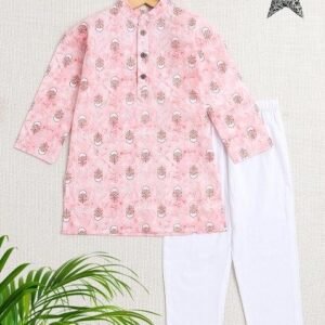 Pink Printed Cotton Kurta Set For Boys
