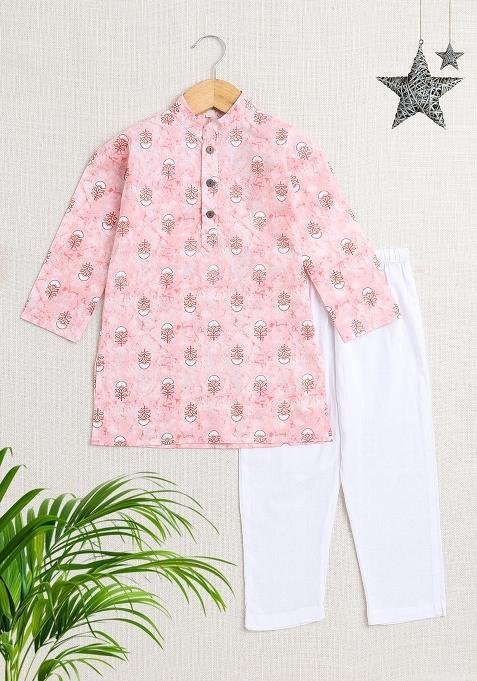 Pink Printed Cotton Kurta Set For Boys