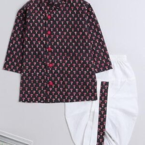 Grey Printed Cotton Kurta Set For Boys