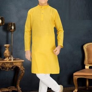 Yellow Cotton Blend Kurta Set For Boys