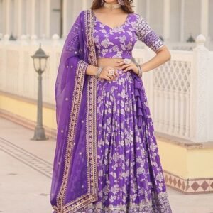 Purple Embroidered Viscose Jacquard Lehenga Set