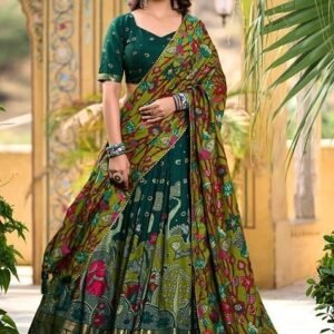 Green Kalamkari Print Tussar Silk Lehenga Set