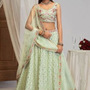 Pista Green Sequin Embroidered Georgette Lehenga Set
