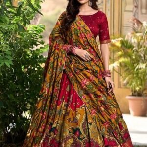 Red Kalamkari Print Tussar Silk Lehenga Set