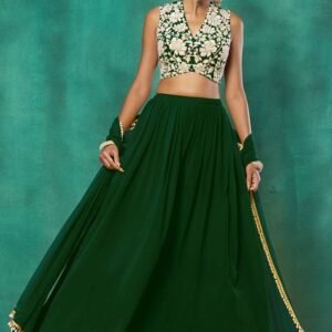 Emerald Green Lehenga Set With Floral Sequin Hand Embroidered Blouse And Choker Dupatta