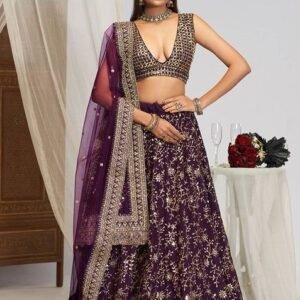 Wine Zari Sequin Embroidered Georgette Lehenga Set