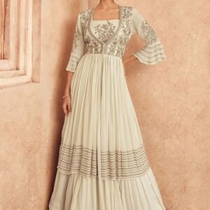 Off White Embroidered Chinon Lehenga Set