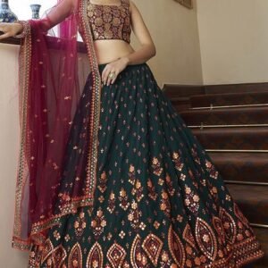 Dark Green Thread Embroidered Georgette Lehenga Set
