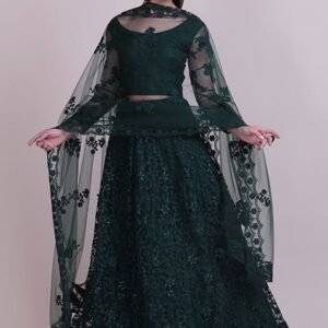 Dark Green Embroidered Net Lehenga Set