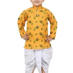 Yellow Printed Cotton Blend Kurta Set For Boys