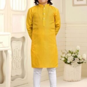 Yellow Embroidered Cotton Kurta With Pyjama For Boys