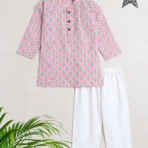 Pink Embellished Cotton Kurta Set For Boys