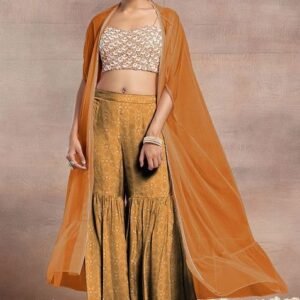Orange Sharara Set With Pearl Sequin Hand Embroidered Blouse And Mesh Jacket