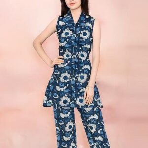 Blue Printed Cotton Kurta Set For Girls