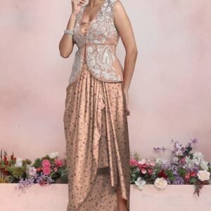 Peach Sequin Pearl Hand Embroidered Jacket Set With Satin Blouse And Skirt