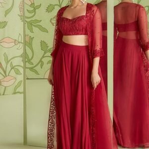 Cherry Red 3D Embroidered Jacket Set