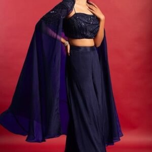 Navy Blue Embellished Jacket Set With Sequin Hand Embroidered Blouse And Palazzo