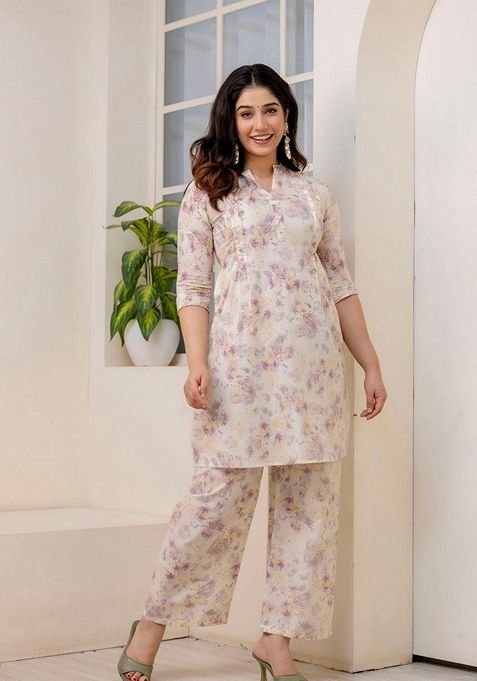 Cream Printed Pure Cotton Co-Ords Set