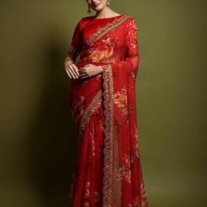 Red Aari Embroidered Georgette Saree Set