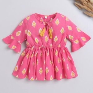 Pink Printed Cotton Tops For Girls