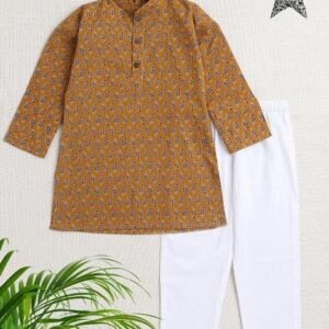 Yellow Printed Cotton Kurta Set For Boys