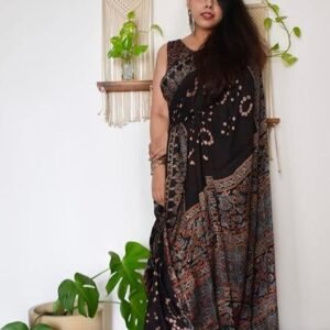Black Printed Chanderi Cotton Saree Set