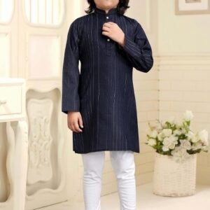 Navy Blue Embroidered Cotton Kurta With Pyjama For Boys