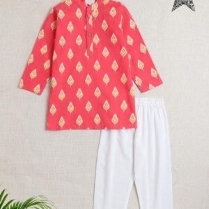Pink Printed Cotton Kurta Set For Boys