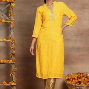 Yellow Sequin And Thread Embroidered Cotton Straight Kurta