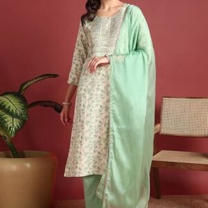 Green Embroidered Viscose Rayon Kurta Set
