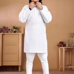 White Embroidered Cotton Kurta With Pyjama For Boys