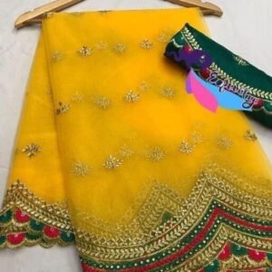 Ikat Net Embroidered Saree With Blouse